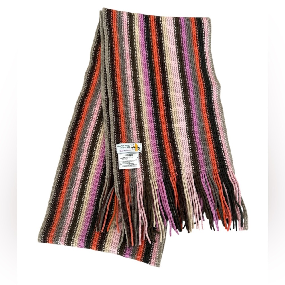 William Brunton Hand Knit 100% Lambswool Scarf Fringe Made Scotland Purple Multi